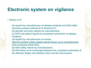 Electronic system on vigilance
• What’s in it?
(a) reports by manufacturers on serious incidents and field safety
correcti...