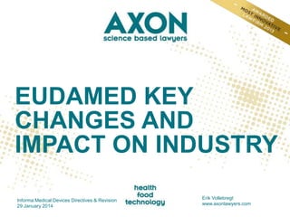 EUDAMED KEY
CHANGES AND
IMPACT ON INDUSTRY
Informa Medical Devices Directives & Revision
29 January 2014

Erik Vollebregt
www.axonlawyers.com

 