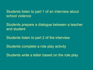 Students listen to part 1 of an interview about school violence Students prepare a dialogue between a teacher and student Students listen to part 2 of the interview Students complete a role play activity Students write a letter based on the role play 