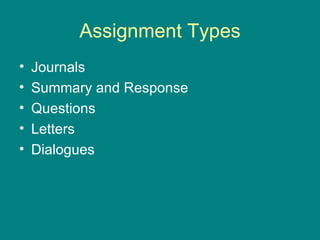 Assignment Types Journals Summary and Response Questions Letters Dialogues 