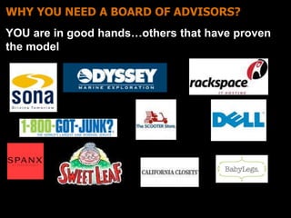 WHY YOU NEED A BOARD OF ADVISORS? 
YOU are in good hands…others that have proven 
the model 
 