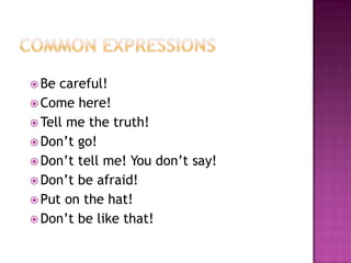 Common ExpressionsBe careful!Come here!Tell me the truth!Don’t go!Don’t tell me! You don’t say!Don’t be afraid!Put on the hat!Don’t be like that!