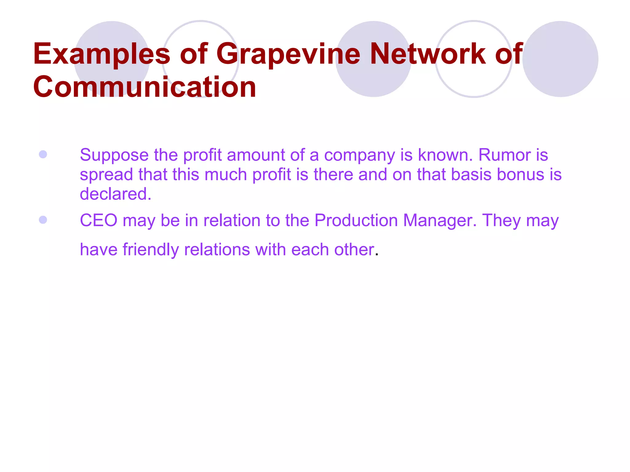 Examples of Grapevine Network of Communication Suppose the profit amount of a company is known. Rumor is spread that this much profit is there and on that basis bonus is declared.  CEO may be in relation to the Production Manager. They may have friendly relations with each other .   