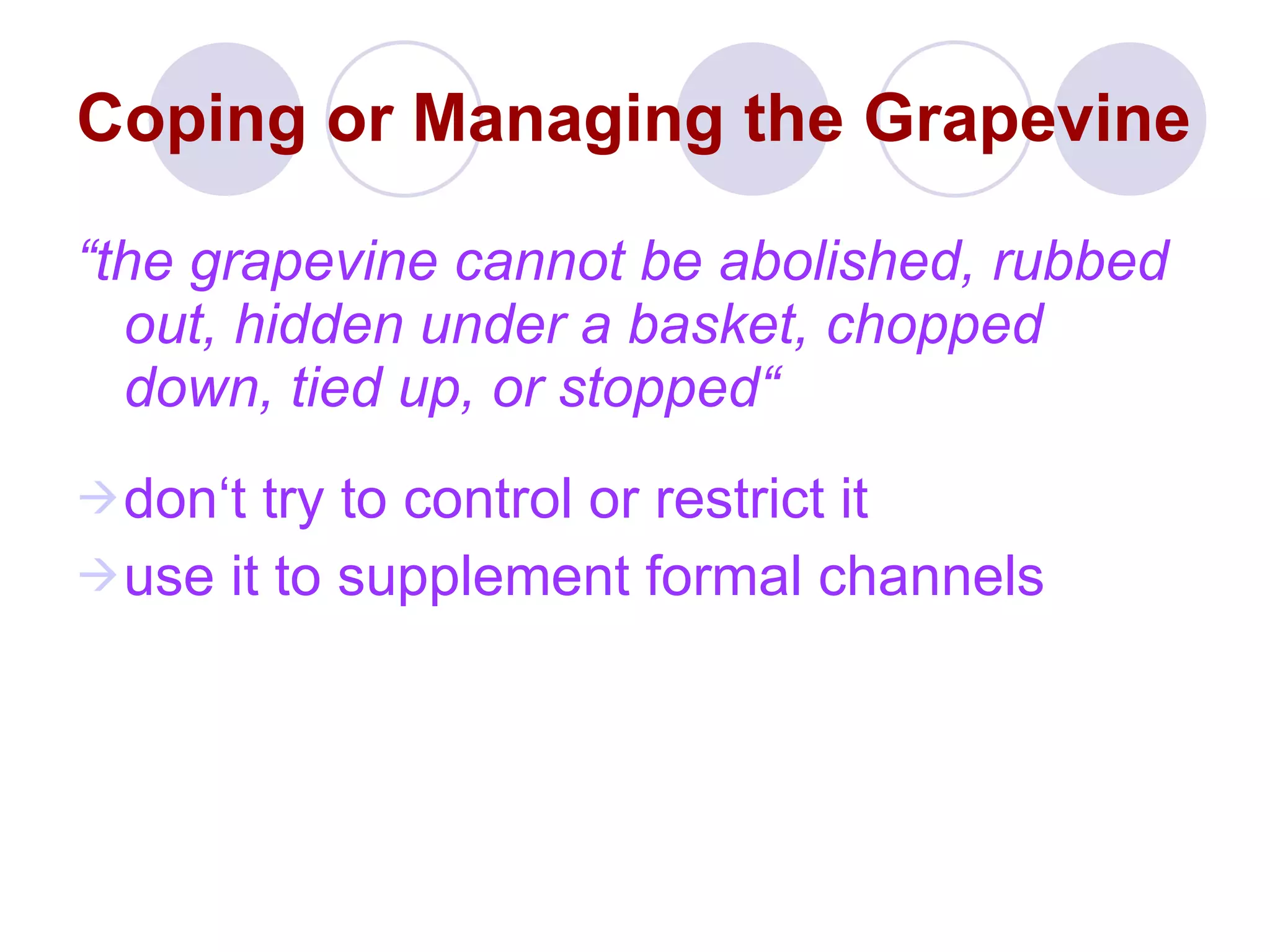 “ the grapevine cannot be abolished, rubbed out, hidden under a basket, chopped down, tied up, or stopped“ don‘t try to control or restrict it use it to supplement formal channels Coping or Managing the Grapevine 