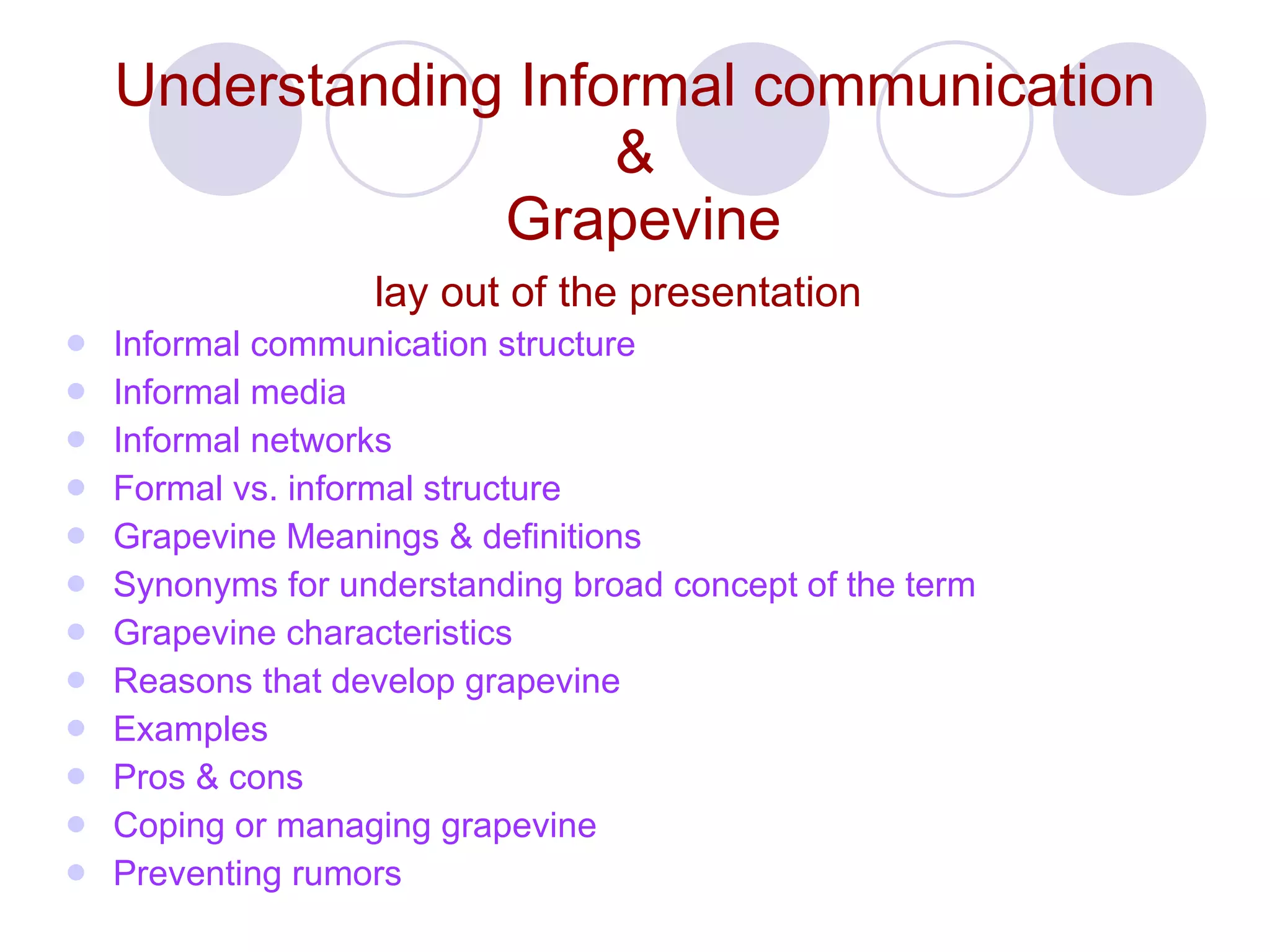 Understanding Informal communication &  Grapevine lay out of the presentation   Informal communication structure  Informal media  Informal networks Formal vs. informal structure  Grapevine Meanings & definitions  Synonyms for understanding broad concept of the term Grapevine characteristics  Reasons that develop grapevine Examples Pros & cons Coping or managing grapevine  Preventing rumors   