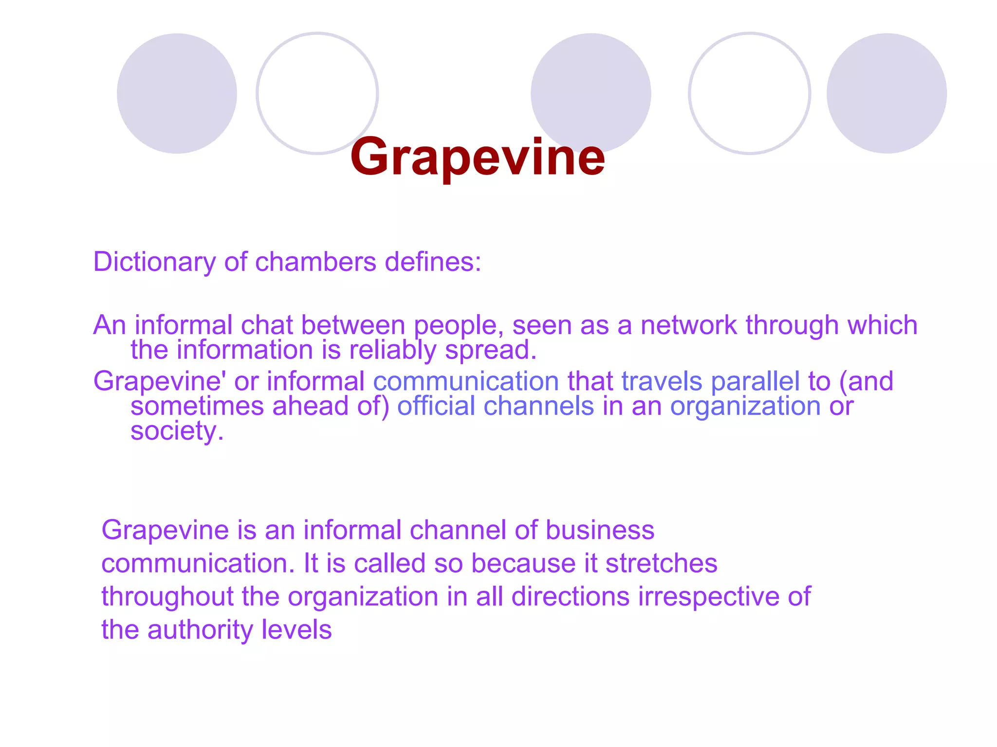 Grapevine Dictionary of chambers defines: An informal chat between people, seen as a network through which the information is reliably spread.  Grapevine' or informal  communication  that  travels   parallel  to (and sometimes ahead of)  official   channels  in an  organization  or   society. Grapevine is an informal channel of business communication. It is called so because it stretches throughout the organization in all directions irrespective of the authority levels   