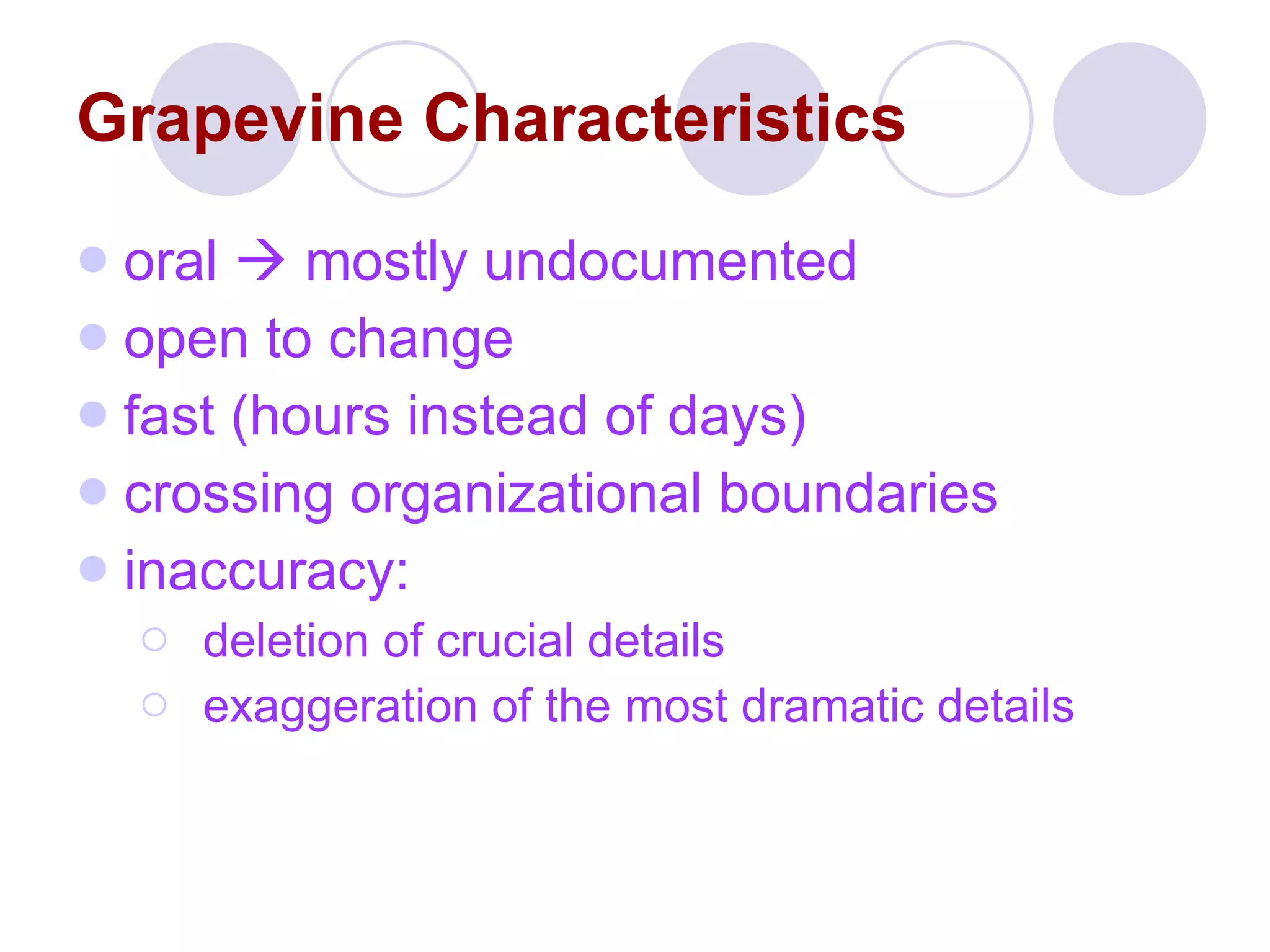 oral     mostly undocumented open to change fast (hours instead of days) crossing organizational boundaries inaccuracy: deletion of crucial details exaggeration of the most dramatic details   Grapevine Characteristics 