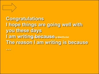 Flash was not exported from SlideRocket
Congratulations
I hope things are going well with
you these days
I am writing because …
The reason I am writing is because
…
 