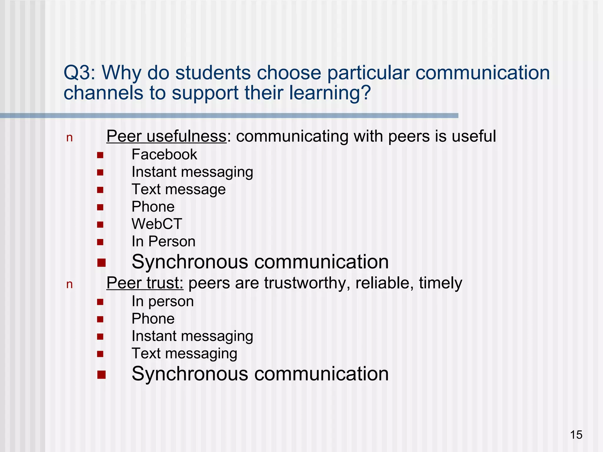 Q3: Why do students choose particular communication channels to support their learning? Peer usefulness : communicating with peers is useful Facebook Instant messaging Text message Phone WebCT In Person Synchronous communication Peer trust:  peers are trustworthy, reliable, timely In person Phone Instant messaging Text messaging Synchronous communication 