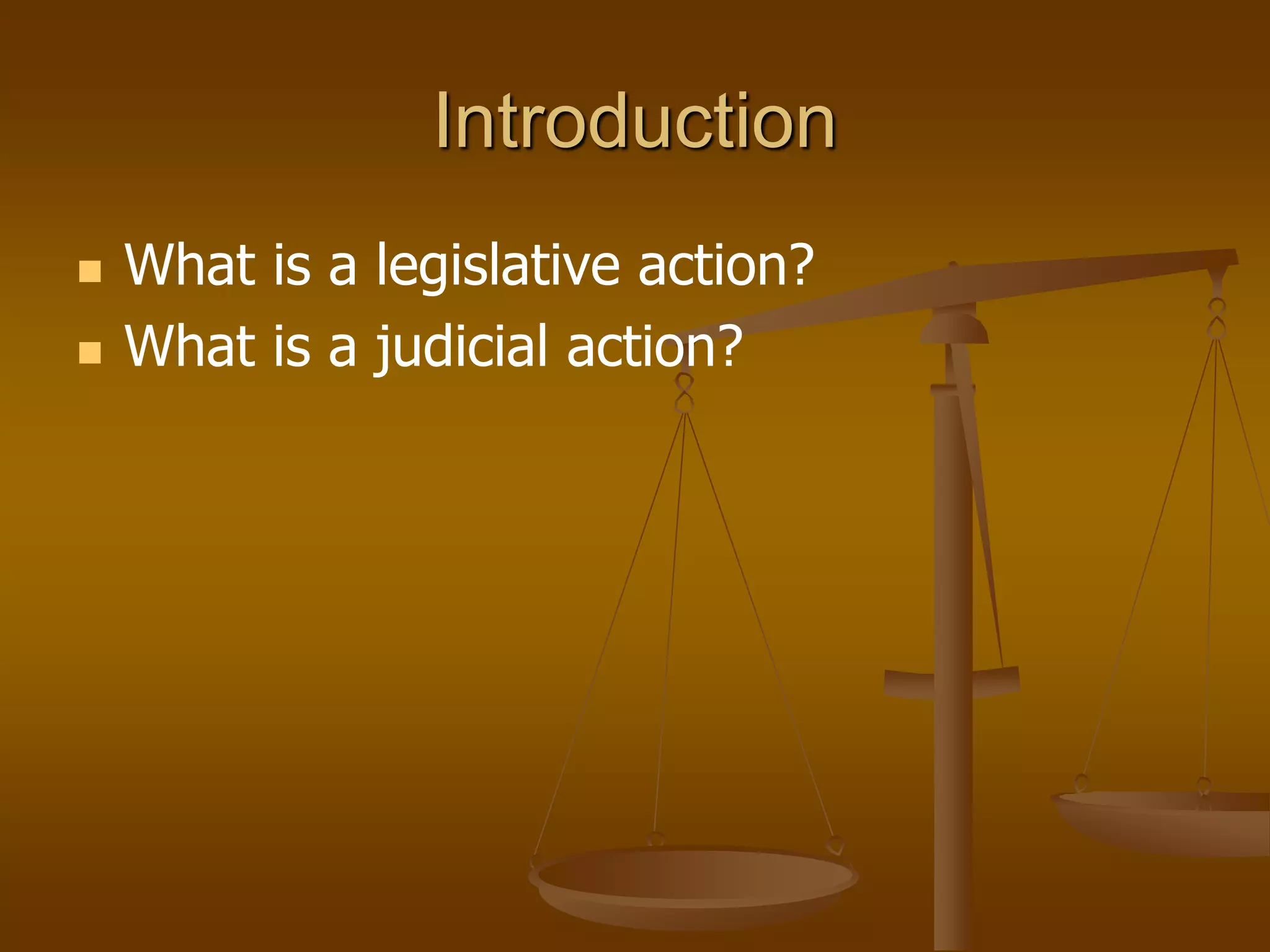 Introduction
 What is a legislative action?
 What is a judicial action?
 