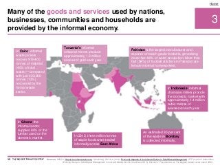 3
Home
In Ghana, the
informal sector
supplies 80% of the
lumber used on the
domestic market.
In Cairo, informal
waste pickers
recover 979,400
tonnes of material
(40% of total
waste)—compared
with just 433,200
tonnes (13%)
recovered by the
formal waste
sector.
Tanzania’s informal
artisanal miners produce
approximately 1.3 million
ounces of gold each year.
In 2013, three million tonnes
of staple foods were traded
informally across East Africa.
An estimated 30 per cent
of the waste in Bombay
is collected informally.
In Indonesia, informal
chainsaw millers provide
the domestic market with
approximately 1.4 million
cubic metres of
sawnwood each year.
Pakistan is the largest manufacturer and
exporter of match grade footballs, generating
more than 80% of world production. More than
half (58%) of football stitchers in Pakistan are
female informal homeworkers.
Sources: WIEGO, About the informal economy; Scheinberg, AM et al. (2010) Economic Aspects of the Informal Sector in Solid Waste Management. GTZ and the Collaborative
Working Group on Solid Waste Management in Low and Middle Income Countries (CWG), Eschborn; Presentations at ‘The biggest private sector’ event (IIED).
Many of the goods and services used by nations,
businesses, communities and households are
provided by the informal economy.
15 THE BIGGEST 'PRIVATE SECTOR'
 