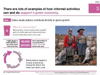 3
Home
Urban waste pickers contribute directly to green growth.
Waste pickers extract and reclaim reusable
and recyclable materials from mixed types
of waste that others have cast aside.
Waste pickers support a
circular economy by
closing the loop in the
make-use-return cycle
What is a waste picker?
A 2007 study of
waste pickers in
six cities found
that more than
Source: Scheinberg, AM et al. (2010) Economic Aspects of the Informal Sector in Solid Waste Management. GTZ and the
Collaborative Working Group on Solid Waste Management in Low and Middle Income Countries (CWG), Eschborn.
There are lots of examples of how informal activities
can and do support a green economy.
20 THE BIGGEST 'PRIVATE SECTOR'
One
were responsible for
recycling about 3
million tonnes of
waste each year.
80,000
people
 