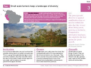3
Home
In the Peruvian Amazon, small-scale agriculture is practiced on a
wide scale. Smallholders here have a poor public image of slashing
and burning their way through the world’s largest rainforest and
blocking the road to social and environmental development.
But the idea that these farmers do nothing to support inclusive green
growth is simply not true.
Green GrowthInclusive
Smallholders are cutting down the forest. But
compared with palm oil or soya plantations,
this is land conversion on a tiny scale. They
don’t cut down many trees and they maintain
a mosaic landscape that is much more
diverse than any plantation; and produces
much more value than just food.
It is true that smallholders are poor and that their
activities often promote or sustain a poverty trap.
This is a group that systematically lags in socio-
economic indicators. But they have little choice:
the reach of the state in these remote regions is
very weak, with no options to access
government support services.
Smallholders produce
things of value. They are
feeding the people of the
Amazon and also growing
cash crops for their families
and local communities.
Source: Alejandro Guarin, German Development Institute, speaking at ‘The biggest private sector’ event.21 THE BIGGEST 'PRIVATE SECTOR'
Small-scale farmers keep a landscape of diversity.Two
“The green growth
directive is against
smallholders but we
need to rethink the
idea that they’re not
about being green,
growing or inclusive.
Compared to
alternative land uses,
they might be the best
option for green
growth.
Alejandro Guarin, German
Development Institute
 