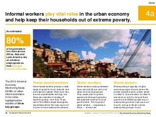 The 2012 Informal
Economy
Monitoring Study
(IEMS) of urban
informal workers
in ten cities
highlighted the
realities of three
key groups:
4a
Home
An estimated
of households in
ten cities across
Africa, Asia and
Latin America rely
on informal
employment as
their principal
source of income.
Source: Inclusive Cities and WIEGO (2012) The Informal Economy Monitoring Study.
Home-based workers
Home-based workers produce a wide
range of goods for local, national, and
international markets. Most have very
low and unpredictable earnings, but
these are essential in fending off
extreme poverty: more than 75 per
cent of the IEMS sample belonged to
households where the main source of
income is home-based informal work.
Street vendors
Street vendors make up between
2 per cent and 24 per cent of all
urban informal employment.
They create jobs for porters,
guards and transport operators,
and generate revenue for local
governments. The majority of
street vendors — especially in
Africa — are women.
Waste pickers
Waste picking is typically a highly
autonomous type of work, where the
worker decides what to collect, where
to collect it, how and when to collect it,
and whom to sell it to. Around three
quarters of the IEMS sample rely on
waste picking as their main source of
income; and up to 90 per cent do
waste picking all year round.
Informal workers play vital roles in the urban economy
and help keep their households out of extreme poverty.
26 THE BIGGEST 'PRIVATE SECTOR'
80%
 