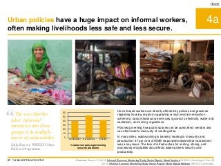 4a
Home
Sources: Roever, S (2014) Informal Economy Monitoring Study Sector Report: Street Vendors. WIEGO, Cambridge; Chen, M
(2014) Informal Economy Monitoring Study Sector Report: Home-Based Workers, WIEGO, Cambridge.
Home-based workers are directly affected by policies and practices
regarding housing (eg slum upgrading or slum eviction-relocation
schemes), basic infrastructure services (access to electricity, water and
sanitation), and zoning regulations.
Policies governing how public spaces can be used affect vendors and
can often lead to insecurity of vending sites.
In many cities, waste picking is banned, leading to insecurity and
persecution: 47 per cent of IEMS respondents stated that harassment
was a key issue. The lack of infrastructure for sorting, storing, and
processing recyclables also affects waste pickers security and
productivity.
0
10
20
30
40
50
60
Confiscation Harassment Eviction
% street vendors experiencing
security problems
Urban policies have a huge impact on informal workers,
often making livelihoods less safe and less secure.
27 THE BIGGEST 'PRIVATE SECTOR'
“The way that the
label ‘informal’
translates into these
groups is in multiple
layers of vulnerability.
Sally Roever, WIEGO Urban
Policies Programme
 
