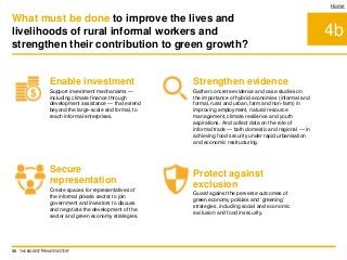 4b
Home
Strengthen evidence
Gather concrete evidence and case studies on
the importance of hybrid economies (informal and
formal, rural and urban, farm and non-farm) in
improving employment, natural resource
management, climate resilience and youth
aspirations. And collect data on the role of
informal trade — both domestic and regional — in
achieving food security under rapid urbanisation
and economic restructuring.
Secure
representation
Create spaces for representatives of
the informal private sector to join
government and investors to discuss
and negotiate the development of the
sector and green economy strategies.
Enable investment
Support investment mechanisms —
including climate finance through
development assistance — that extend
beyond the large-scale and formal, to
reach informal enterprises.
Protect against
exclusion
Guard against the perverse outcomes of
green economy policies and ‘greening’
strategies, including social and economic
exclusion and food insecurity.
What must be done to improve the lives and
livelihoods of rural informal workers and
strengthen their contribution to green growth?
35 THE BIGGEST 'PRIVATE SECTOR'
 
