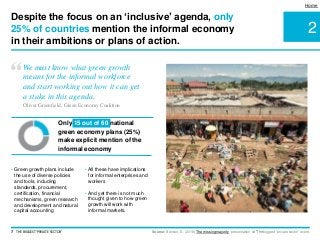 2
Home
Source: Benson, E. (2016) The missing majority, presentation at ‘The biggest ‘private sector’ event.
Despite the focus on an ‘inclusive’ agenda, only
25% of countries mention the informal economy
in their ambitions or plans of action.
“We must know what green growth
means for the informal workforce
and start working out how it can get
a stake in this agenda.
Oliver Greenfield, Green Economy Coalition
Only 15 out of 60 national
green economy plans (25%)
make explicit mention of the
informal economy
• Green growth plans include
the use of diverse policies
and tools, including
standards, procurement,
certification, financial
mechanisms, green research
and development and natural
capital accounting
• All these have implications
for informal enterprises and
workers
• And yet there is not much
thought given to how green
growth will work with
informal markets.
7 THE BIGGEST 'PRIVATE SECTOR'
 