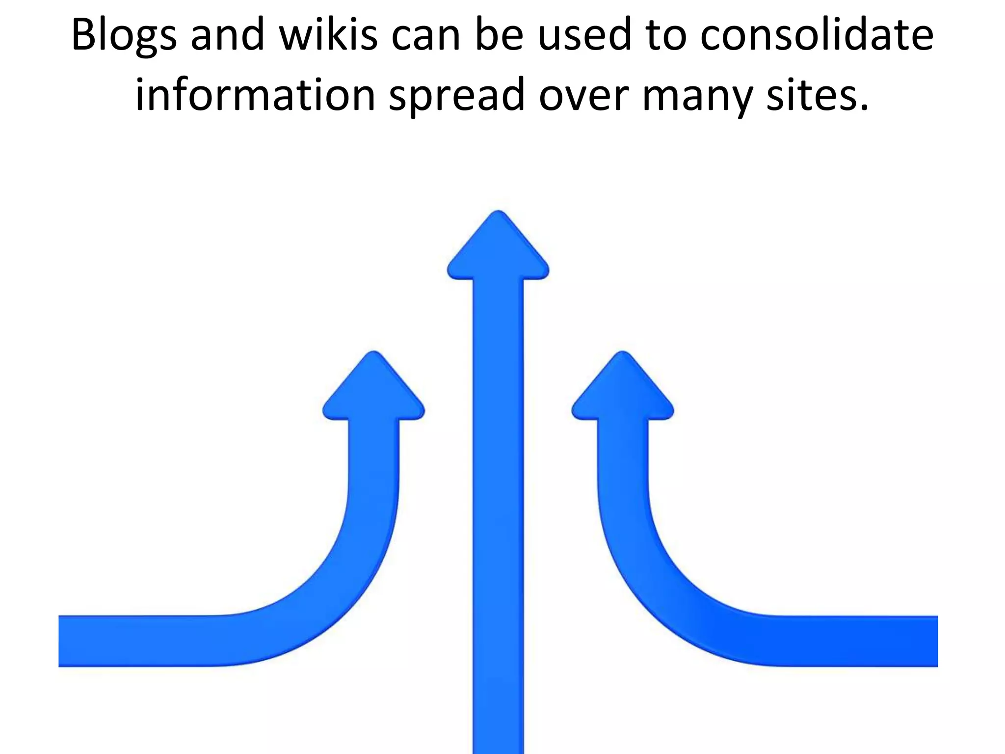 Blogs and wikis can be used to consolidate
   information spread over many sites.
 