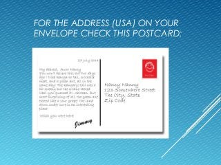 FOR THE ADDRESS (USA) ON YOUR
ENVELOPE CHECK THIS POSTCARD:
 