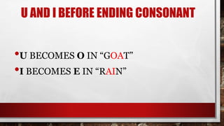 U AND I BEFORE ENDING CONSONANT
•U BECOMES O IN “GOAT”
•I BECOMES E IN “RAIN”
 