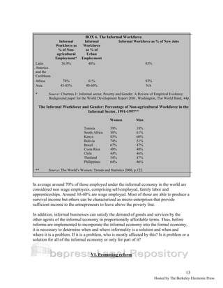 BOX 6. The Informal Workforce 
In average around 70% of those employed under the informal economy in the world are 
considered non wage employees, comprising self-employed, family labor and 
apprenticeships. Around 30-40% are wage employed. Most of those are able to produce a 
survival income but others can be characterized as micro-enterprises that provide 
sufficient income to the entrepreneurs to leave above the poverty line. 
In addition, informal businesses can satisfy the demand of goods and services by the 
other agents of the informal economy in proportionally affordable terms. Thus, before 
reforms are implemented to incorporate the informal economy into the formal economy, 
it is necessary to determine when and where informality is a solution and when and 
where it is a problem. If it is a problem, who is mostly affected by this? Is it problem or a 
solution for all of the informal economy or only for part of it? 
13 
VI. Promoting reform 
Informal 
Workforce as 
% of Non-agricultural 
Employment* 
Informal 
Workforce 
as % of 
Urban 
Employment 
Informal Workforce as % of New Jobs 
Latin 
America 
and the 
Caribbean 
56.9% 40% 83% 
Africa 78% 61% 93% 
Asia 45-85% 40-60% NA 
* Source: Charmes J.: Informal sector, Poverty and Gender. A Review of Empirical Evidence, 
Background paper for the World Development Report 2001, Washington, The World Bank, 44p. 
The Informal Workforce and Gender: Percentage of Non-agricultural Workforce in the 
Informal Sector, 1991-1997** 
Women Men 
Tunisia 39% 18% 
South Africa 30% 61% 
Kenya 83% 60% 
Bolivia 74% 51% 
Brazil 67% 47% 
Costa Rica 48% 40% 
Chile 44% 46% 
Thailand 54% 47% 
Philippines 64% 46% 
** Source: The World’s Women: Trends and Statistics 2000, p.122. 
Hosted by The Berkeley Electronic Press 
 