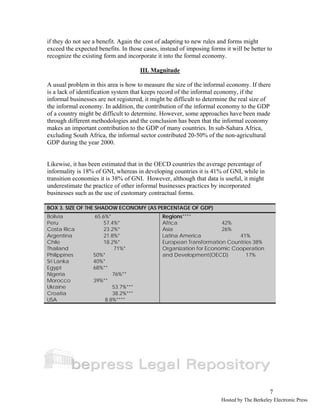 if they do not see a benefit. Again the cost of adapting to new rules and forms might 
exceed the expected benefits. In those cases, instead of imposing forms it will be better to 
recognize the existing form and incorporate it into the formal economy. 
7 
III. Magnitude 
A usual problem in this area is how to measure the size of the informal economy. If there 
is a lack of identification system that keeps record of the informal economy, if the 
informal businesses are not registered, it might be difficult to determine the real size of 
the informal economy. In addition, the contribution of the informal economy to the GDP 
of a country might be difficult to determine. However, some approaches have been made 
through different methodologies and the conclusion has been that the informal economy 
makes an important contribution to the GDP of many countries. In sub-Sahara Africa, 
excluding South Africa, the informal sector contributed 20-50% of the non-agricultural 
GDP during the year 2000. 
Likewise, it has been estimated that in the OECD countries the average percentage of 
informality is 18% of GNI, whereas in developing countries it is 41% of GNI, while in 
transition economies it is 38% of GNI. However, although that data is useful, it might 
underestimate the practice of other informal businesses practices by incorporated 
businesses such as the use of customary contractual forms. 
BOX 3. SIZE OF THE SHADOW ECONOMY (AS PERCENTAGE OF GDP) 
Bolivia 65.6%* 
Regions**** 
Peru 57.4%* 
Africa 42% 
Costa Rica 23.2%* 
Asia 26% 
Argentina 21.8%* 
Latina America 41% 
Chile 18.2%* 
European Transformation Countries 38% 
Thailand 71%* 
Organization for Economic Cooperation 
Philippines 50%* 
and Development(OECD) 17% 
Sri Lanka 40%* 
Egypt 68%** 
Nigeria 76%** 
Morocco 39%** 
Ukraine 53.7%*** 
Croatia 38.2%*** 
USA 8.8%**** 
Hosted by The Berkeley Electronic Press 
 