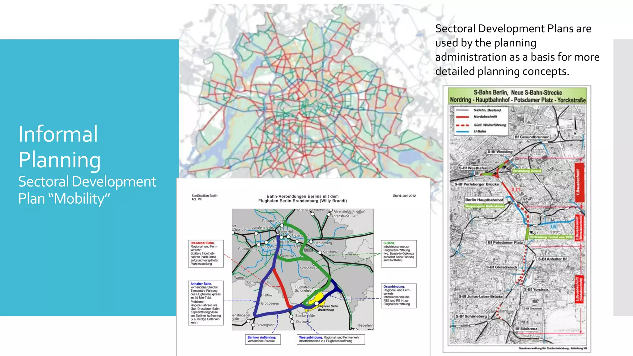 Informal
Planning
SectoralDevelopment
Plan“Mobility”
Sectoral Development Plans are
used by the planning
administration as a basis for more
detailed planning concepts.
 