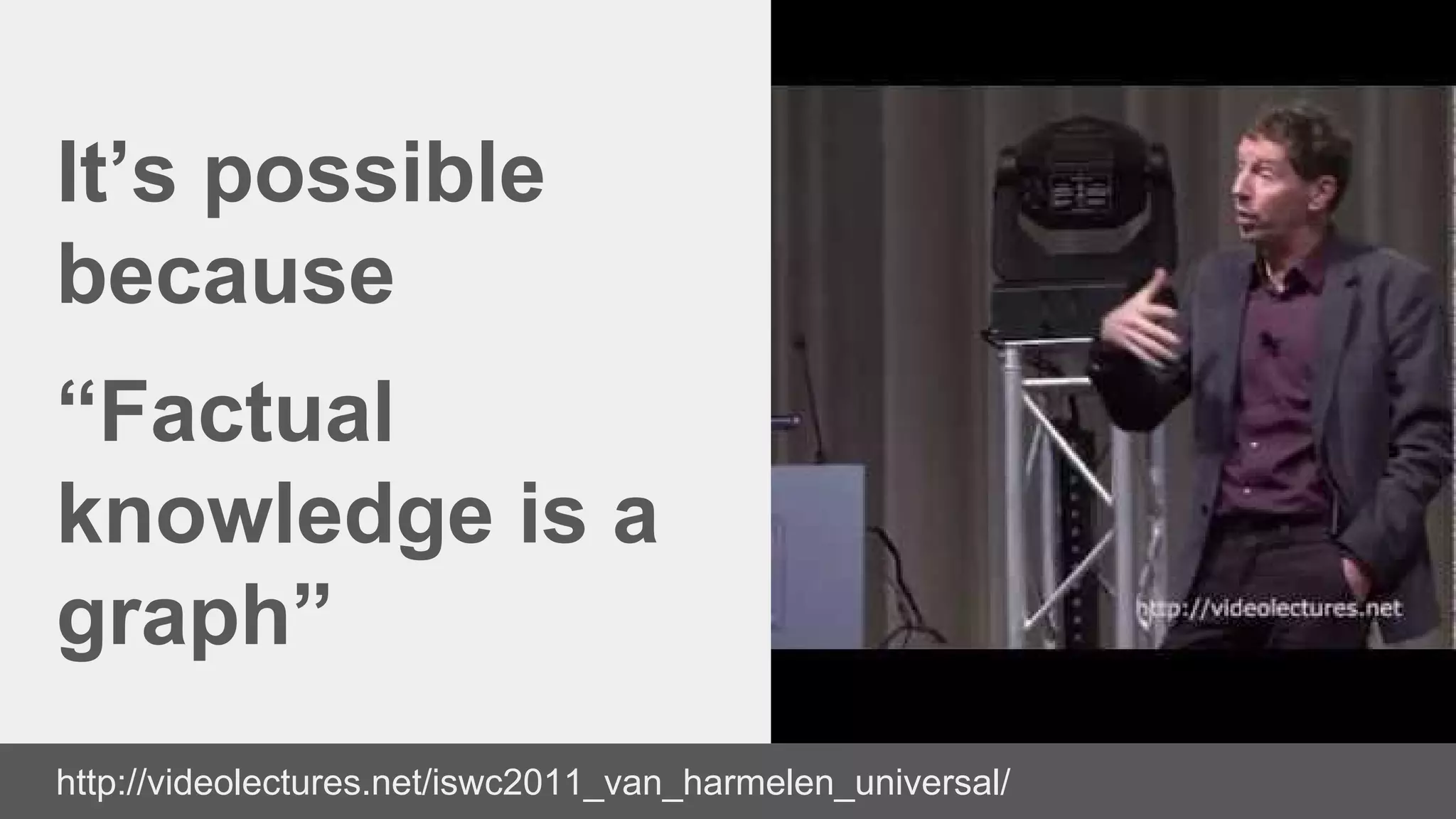 It’s possible
because
“Factual
knowledge is a
graph”
http://videolectures.net/iswc2011_van_harmelen_universal/
 