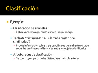    Ejemplo:
     Clasificación de animales:
      ▪ Cabra, vaca, borrego, cerdo, caballo, perro, conejo

     Tabla de “distancias” 1 a 1 (llamada “matriz de
      similitudes”)
      ▪ Provee información sobre la percepción que tiene el entrevistado
        sobre las similitudes y diferencias entre los objetos clasificados

     Árbol o redes de clasificación
      ▪ Se construye a partir de las distancias en la tabla anterior
 