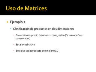    Ejemplo 2:
     Clasificación de productos en dos dimensiones

      ▪ Dimensiones: precio (barato vrs. caro), estilo (“a la moda” vrs.
        conservador)

      ▪ Escala cualitativa

      ▪ Se ubica cada producto en un plano 2D
 