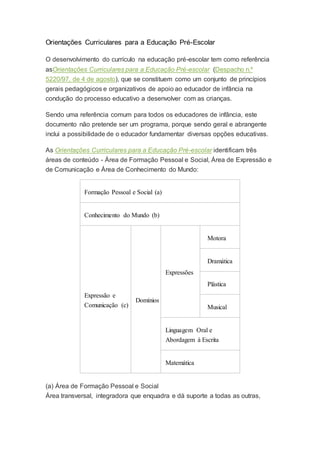Orientações Curriculares para a Educação Pré-Escolar
O desenvolvimento do currículo na educação pré-escolar tem como referência
asOrientações Curriculares para a Educação Pré-escolar (Despacho n.º
5220/97, de 4 de agosto), que se constituem como um conjunto de princípios
gerais pedagógicos e organizativos de apoio ao educador de infância na
condução do processo educativo a desenvolver com as crianças.
Sendo uma referência comum para todos os educadores de infância, este
documento não pretende ser um programa, porque sendo geral e abrangente
inclui a possibilidade de o educador fundamentar diversas opções educativas.
As Orientações Curriculares para a Educação Pré-escolar identificam três
áreas de conteúdo - Área de Formação Pessoal e Social, Área de Expressão e
de Comunicação e Área de Conhecimento do Mundo:
Formação Pessoal e Social (a)
Conhecimento do Mundo (b)
Expressão e
Comunicação (c)
Domínios
Expressões
Motora
Dramática
Plástica
Musical
Linguagem Oral e
Abordagem à Escrita
Matemática
(a) Área de Formação Pessoal e Social
Área transversal, integradora que enquadra e dá suporte a todas as outras,
 
