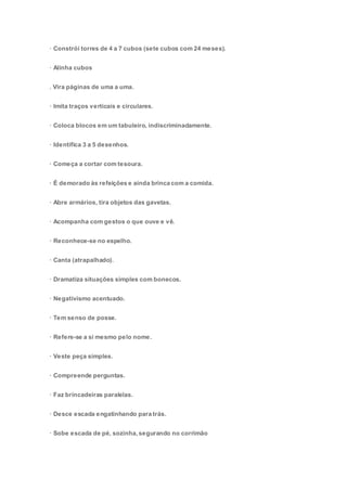 · Constrói torres de 4 a 7 cubos (sete cubos com 24 meses).
· Alinha cubos
. Vira páginas de uma a uma.
· Imita traços verticais e circulares.
· Coloca blocos em um tabuleiro, indiscriminadamente.
· Identifica 3 a 5 desenhos.
· Começa a cortar com tesoura.
· É demorado às refeições e ainda brinca com a comida.
· Abre armários, tira objetos das gavetas.
· Acompanha com gestos o que ouve e vê.
· Reconhece-se no espelho.
· Canta (atrapalhado).
· Dramatiza situações simples com bonecos.
· Negativismo acentuado.
· Tem senso de posse.
· Refere-se a si mesmo pelo nome.
· Veste peça simples.
· Compreende perguntas.
· Faz brincadeiras paralelas.
· Desce escada engatinhando para trás.
· Sobe escada de pé, sozinha, segurando no corrimão
 