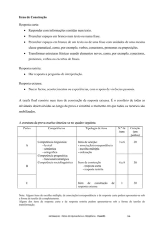 INFORMAÇÃO - PROVA DE EQUIVALÊNCIA À FREQUÊNCIA – FRANCÊS 3/6
Itens de Construção
Resposta curta:
• Responder com informações contidas num texto.
• Preencher espaços em branco num texto ou numa frase.
• Preencher espaços em branco de um texto ou de uma frase com unidades de uma mesma
classe gramatical, como, por exemplo, verbos, conectores, pronomes ou preposições.
• Transformar estruturas frásicas usando elementos novos, como, por exemplo, conectores,
pronomes, verbos ou excertos de frases.
Resposta restrita:
• Dar resposta a perguntas de interpretação.
Resposta extensa:
• Narrar factos, acontecimentos ou experiências, com o apoio de vivências pessoais.
A tarefa final consiste num item de construção de resposta extensa. É o corolário de todas as
atividades desenvolvidas ao longo da prova e constitui o momento em que todos os recursos são
mobilizados.
A estrutura da prova escrita sintetiza-se no quadro seguinte.
Partes Competências Tipologia de itens N.º de
itens
Cotação
(em
pontos)
A
3 a 6 20
B
Itens de seleção:
- associação/correspondência
- escolha múltipla
- ordenação
Itens de construção
- resposta curta
- resposta restrita
4 a 9 50
C
Competência linguística:
- lexical
- semântica
- ortográfica
Competência pragmática:
- funcional/estratégica
Competência sociolinguística
Item de construção de
resposta extensa
1 30
Nota: Alguns itens de escolha múltipla, de associação/correspondência e de resposta curta podem apresentar-se sob
a forma de tarefas de completamento.
Alguns dos itens de resposta curta e de resposta restrita podem apresentar-se sob a forma de tarefas de
transformação.
 