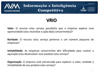 7
Valor: O recurso e/ou serviço possibilita que a empresa explore uma
oportunidade e/ou neutralize a ação do(s) concorrente(s)?
Raridade: O recurso e/ou serviço pertence a um número pequeno de
empresas?
Imitabilidade: As empresas concorrentes têm dificuldade para custear a
aquisição e/ou desenvolver esse produto e/ou serviço?
Organização: A empresa está estruturada para explorar o valor, raridade e
imitabilidade do seu produto e/ou serviço?
VRIO
 