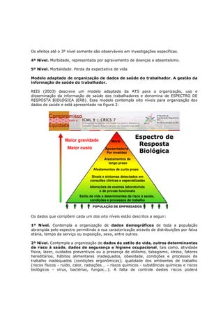 Os efeitos até o 3º nível somente são observáveis em investigações específicas.
4º Nível. Morbidade, representada por agravamento de doenças e absenteísmo.
5º Nível. Mortalidade. Perda da expectativa de vida.
Modelo adaptado de organização de dados de saúde do trabalhador. A gestão da
informação de saúde do trabalhador.

REIS (2003) descreve um modelo adaptado da ATS para a organização, uso e
disseminação da informação de saúde dos trabalhadores e denomina de ESPECTRO DE
RESPOSTA BIOLÓGICA (ERB). Esse modelo contempla oito níveis para organização dos
dados de saúde e está apresentado na figura 2:

Maior gravidade
Maior custo

Morte
Aposentadoria
Por invalidez

Espectro de
Resposta
Biológica

Afastamentos de
longo prazo
Afastamentos de curto prazo
Sinais e sintomas detectados em
consultas clínicas e especializadas
Alterações de exames laboratoriais
e de provas funcionais
Estilo de vida e determinantes de risco à saúde,
condições e processos de trabalho
POPULAÇÃO DE EMPREGADOS

Os dados que compõem cada um dos oito níveis estão descritos a seguir:
1º Nível. Contempla a organização de dados demográficos de toda a população
abrangida pelo espectro permitindo a sua caracterização através de distribuições por faixa
etária, tempo de serviço ou exposição, sexo, entre outros.
2º Nível. Contempla a organização de dados de estilo de vida, outros determinantes
de risco à saúde, dados de segurança e higiene ocupacional, tais como, atividade
física, lazer, cuidados preventivos ou a presença de etilismo, tabagismo, stress, fatores
hereditários, hábitos alimentares inadequados, obesidade, condições e processos de
trabalho inadequados (condições ergonômicas); qualidade dos ambientes de trabalho
(riscos físicos - ruído, calor, radiações... - riscos químicos - substâncias químicas e riscos
biológicos - vírus, bactérias, fungos...). A falta de controle destes riscos poderá

 