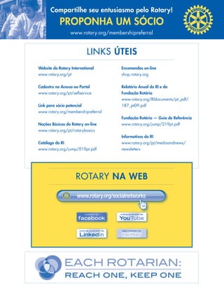 Compartilhe seu entusiasmo pelo Rotary!
            PRoPonHa Um SÓCio
                  www.rotary.org/membershipreferral


                            lINKS ÚteiS
Website do Rotary international         encomendas on-line
www.rotary.org/pt                       shop.rotary.org


Cadastro no acesso ao Portal            Relatório anual do Ri e da
www.rotary.org/pt/selfservice           Fundação Rotária
                                        www.rotary.org/RIdocuments/pt_pdf/
Link para sócio potencial               187_pt09.pdf
www.rotary.org/membershipreferral
                                        Fundação Rotária — Guia de Referência
noções Básicas do Rotary on-line        www.rotary.org/jump/219pt.pdf
www.rotary.org/pt/rotarybasics
                                        informativos do Ri
Catálogo do Ri                          www.rotary.org/pt/mediaandnews/
www.rotary.org/jump/019pt.pdf           newsletters




                     RoTARy na WeB

                      www.rotary.org/socialnetworks
 