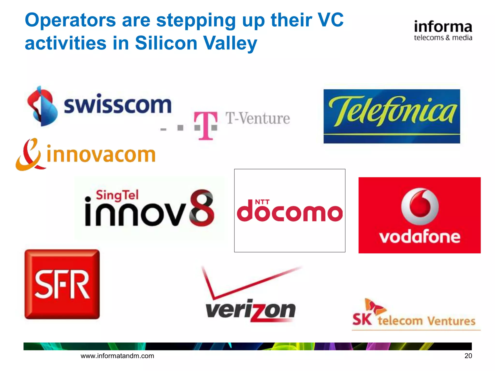Operators are stepping up their VC
activities in Silicon Valley




     www.informatandm.com            20
 