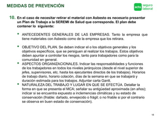MEDIDAS DE PREVENCIÓN
18
10. En el caso de necesitar retirar el material con Asbesto es necesario presentar
un Plan de Trabajo a la SEREMI de Salud que corresponda. El plan debe
contener lo siguiente:
 ANTECEDENTES GENERALES DE LAS EMPRESAS. Tanto la empresa que
tiene materiales con Asbesto como de la empresa que los retirara.
 OBJETIVO DEL PLAN. Se deben indicar el o los objetivos generales y los
objetivos específicos, que se persiguen al realizar los trabajos. Estos objetivos
deben apuntar a controlar los riesgos, tanto para trabajadores como para la
comunidad en general.
 ASPECTOS ORGANIZACIONALES. Indicar las responsabilidades y funciones
de los trabajadores en todos los niveles jerárquicos (desde el nivel superior de
jefes, supervisores, etc. hasta los ejecutantes directos de los trabajos). Horarios
de trabajo diario, horario colación, días de la semana en que se trabajará y
duración estimada para los trabajos. Adjuntar carta Gantt.
 NATURALEZA DEL TRABAJO Y LUGAR EN QUE SE EFECTÚA. Detallar la
forma en que se presenta el MCA; señalar su antigüedad aproximada (en años);
indicar si se encuentra expuesto a inclemencias climáticas y su estado de
conservación (friable: dañado, envejecido o frágil; o no friable si por el contrario
se observa en buen estado de conservación).
 