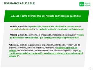 NORMATIVA APLICABLE
21
D.S. 656 / 2001 Prohíbe Uso del Asbesto en Productos que Indica
Artículo 66: Establece para las fibras de Asbesto el Límite
Permisible Ponderado de 0,1 fibras/cm2
Artículo 1: Prohíbe la producción, importación, distribución, venta y uso de
crocidolita (asbesto azul) y de cualquier material o producto que lo contenga.
Artículo 2: Prohíbe, asimismo, la producción, importación, distribución y venta
de materiales de construcción, que contengan cualquier tipo de asbesto.
Artículo 3.- Prohíbe la producción, importación, distribución, venta y uso de
crisotilo, actinolita, amosita, antofilita, tremolita y cualquier otro tipo de
asbesto, o mezcla de ellos, para cualquier cosa, elemento o producto que no
constituya material de construcción, con las excepciones que se indican en el
artículo 5º.
 