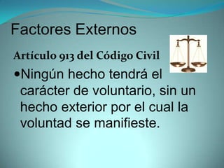 Factores Externos
Artículo 913 del Código Civil
Ningún hecho tendrá el
 carácter de voluntario, sin un
 hecho exterior por el cual la
 voluntad se manifieste.
 