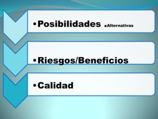 •Posibilidades .Alternativas



•Riesgos/Beneficios

•Calidad
 