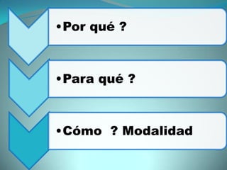 •Por qué ?



•Para qué ?



•Cómo ? Modalidad
 
