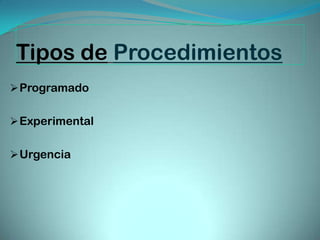 Tipos de Procedimientos
 Programado


 Experimental


 Urgencia
 