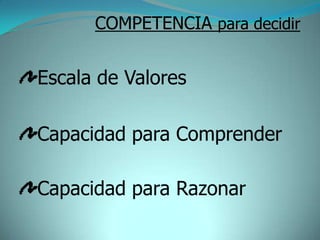 COMPETENCIA para decidir


Escala de Valores

Capacidad para Comprender

Capacidad para Razonar
 