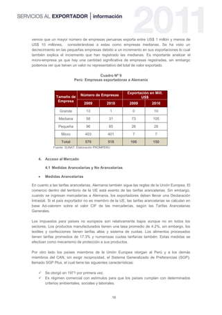 vemos que un mayor número de empresas peruanas exporta entre US$ 1 millón y menos de
US$ 10 millones, considerándose a estas como empresas medianas. Se ha visto un
decrecimiento en las pequeñas empresas debido a un incremento en sus exportaciones lo cual
también explica el incremento que han registrado las medianas. Es importante analizar el
micro-empresa ya que hay una cantidad significativa de empresas registradas, sin embargo
podemos ver que tienen un valor no representativo del total de valor exportado.

                                       Cuadro Nº 9
                          Perú: Empresas exportadoras a Alemania


                                                         Exportación en Mill.
              Tamaño de      Número de Empresas
                                                                US$
               Empresa
                               2009           2010         2009         2010

                Grande           13            1             0            10

                Mediana          58            31           73           105

                Pequeña          96            85           26            28

                 Micro          403           401            7            7

                 Total          570           518          106           150
             Fuente: SUNAT: Elaboración PROMPERU


    4. Acceso al Mercado

        4.1 Medidas Arancelarias y No Arancelarias

       Medidas Arancelarias

En cuanto a las tarifas arancelarias, Alemania también sigue las reglas de la Unión Europea. El
comercio dentro del territorio de la UE está exento de las tarifas arancelarias. Sin embargo,
cuando se ingresan mercaderías a Alemania, los exportadores deben llenar una Declaración
Intrastat. Si el país exportador no es miembro de la UE, las tarifas arancelarias se calculan en
base Ad-valorem sobre el valor CIF de las mercaderías, según las Tarifas Arancelarias
Generales.

Los impuestos para países no europeos son relativamente bajos aunque no en todos los
sectores. Los productos manufacturados tienen una tasa promedio de 4.2%, sin embargo, los
textiles y confecciones tienen tarifas altas y sistema de cuotas. Los alimentos procesados
tienen tarifas promedios de 17.3% y numerosas cuotas tarifarías también. Estas medidas se
efectúan como mecanismo de protección a sus productos.

Por otro lado los países miembros de la Unión Europea otorgan al Perú y a los demás
miembros del CAN, sin exigir reciprocidad, el Sistema Generalizado de Preferencias (SGP),
llamado SGP Plus, el cual tiene las siguientes características:

       Se otorgó en 1971 por primera vez.
       Es régimen comercial con estímulos para que los países cumplan con determinados
        criterios ambientales, sociales y laborales.


                                                   13
 
