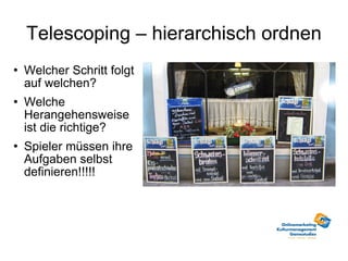 Telescoping – hierarchisch ordnen Welcher Schritt folgt auf welchen? Welche Herangehensweise ist die richtige? Spieler müssen ihre Aufgaben selbst definieren!!!!! 