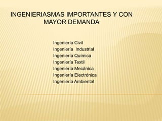 INGENIERIASMAS IMPORTANTES Y CON MAYOR DEMANDAIngeniería Civil Ingeniería  IndustrialIngeniería QuímicaIngeniería TextilIngeniería MecánicaIngeniería ElectrónicaIngeniería Ambiental