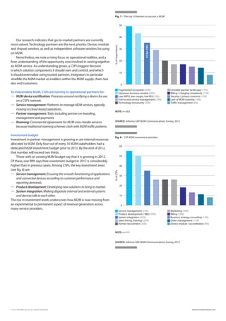 Fig. 7 – The top 10 barriers to success n M2M


                                                                                               50



                                                                                               40
     Our research indicates that go-to-market partners are currently
most valued. Technology partners are the next priority: Device, module




                                                                                                         #1 for CSPs
                                                                            % of respondents
and chipset vendors, as well as independent software vendors focusing                          30
on M2M.
     Nevertheless, we note a rising focus on operational realities, and a
finer understanding of the opportunity cost involved in sewing together                        20

an M2M service. As understanding grows, a CSP’s biggest decision
is which solution components it should own and control, and which
                                                                                               10
it should externalize using trusted partners. Integrators in particular
straddle the M2M market as enablers within the M2M supply chain, but
also end customers.                                                                             0

                                                                               Fragmented ecosystem (49%)                     Unstable partner landscape (17%)
To industrialize M2M, CSPs are turning to operational partners for:            Unproven business models (43%)                 Billing / charging complexity (17%)
—	M2M device certification: Processes around certifying a device for use      Low ARPU, low margin, low ROI (35%)            Security / privacy concerns (15%)
    on a CSP’s network.                                                        End-to-end service management (29%)            Lack of M2M roaming (14%)
                                                                               Technology immaturity (20%)                    Traffic management (8%)
—	 Service management: Platforms to manage M2M services, typically
    moving to cloud-based operations.
                                                                              NOTE: n=263
—	Partner management: Tasks including partner on-boarding,
    management and payments.
—	Roaming: Commercial agreements for M2M cross-border services               SOURCE: Informa-SAP M2M Communications Survey, 2012

    because traditional roaming schemes clash with M2M traffic patterns.

Investment budget
                                                                              Fig. 8 – CSP M2M investment priorities
Investment in partner management is growing as are internal resources
allocated to M2M. Only four out of every 10 M2M stakeholders had a
                                                                                               60
dedicated M2M investment budget prior to 2012. By the end of 2012,
that number will exceed two thirds.
    Those with an existing M2M budget say that it is growing in 2012.                          50
Of these, one fifth says their investment budget in 2012 is considerably
higher than in previous years. Among CSPs, the key investment areas                            40
(see fig. 8) are:
                                                                            % of CSPs




—	Service management: Ensuring the smooth functioning of applications                         30
    and connected devices according to customer performance and
    reporting demands.
                                                                                               20
—	Product development: Developing new solutions to bring to market.
—	System integration: Making disparate internal and external systems
    and devices talk to each other.                                                            10
The rise in investment levels underscores how M2M is now moving from
an experimental to permanent aspect of revenue generation across                                0
many service providers.
                                                                               Service management (55%)                       Marketing (26%)
                                                                               Product development / RD (50%)                Billing (18%)
                                                                               System integration (35%)                       Business strategy consulting (13%)
                                                                               Sales (hiring, training) (26%)                 Order management (11%)
                                                                               Partner recruitment (26%)                      Device module / accreditation (8%)


                                                                              NOTE: n=111


                                                                              SOURCE: Informa-SAP M2M Communications Survey, 2012




© 2012 INFORMA UK LTD. ALL RIGHTS RESERVED.                                                                                                       WWW.INFORMATANDM.COM
 