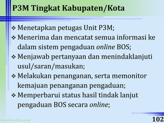 ahyoodee.dit.psmp
P3M Tingkat Kabupaten/Kota
 Menetapkan petugas Unit P3M;
 Menerima dan mencatat semua informasi ke
dalam sistem pengaduan online BOS;
 Menjawab pertanyaan dan menindaklanjuti
usul/saran/masukan;
 Melakukan penanganan, serta memonitor
kemajuan penanganan pengaduan;
 Memperbarui status hasil tindak lanjut
pengaduan BOS secara online;
102
 