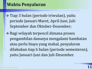 ahyoodee.dit.psmp
Waktu Penyaluran
 Tiap 3 bulan (periode triwulan), yaitu
periode Januari-Maret, April-Juni, Juli-
September dan Oktober-Desember;
 Bagi wilayah terpencil dimana proses
pengambilan dananya mengalami hambatan
atau perlu biaya yang mahal, penyaluran
dilakukan tiap 6 bulan (periode semesteran),
yaitu Januari-Juni dan Juli-Desember.
11
 